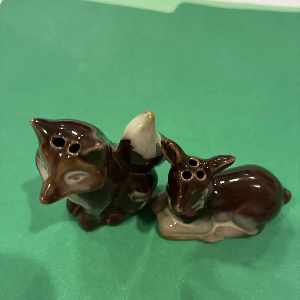 Deer And Fox Ceramic Salt And Pepper Shakers Fawn Whimsical Forest Animals Decor